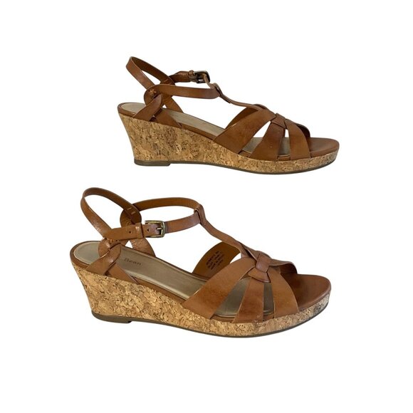 L.L. Bean Womens Cork Wedge Sandals Sz 8M Brown Leather Adjustable Straps Brazil - Picture 11 of 11